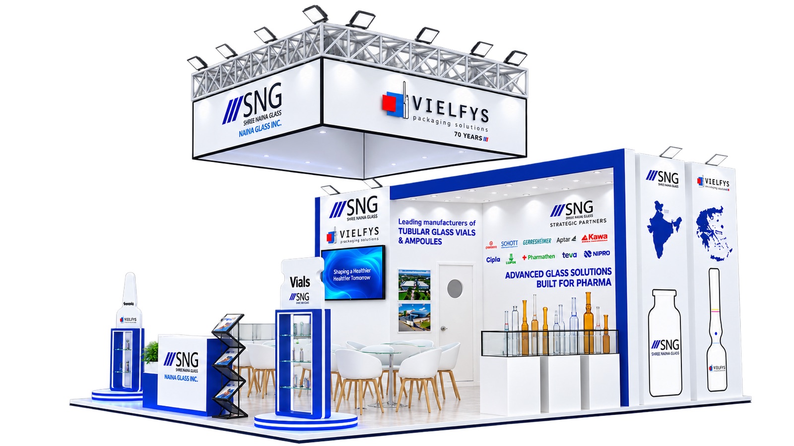 3D design of the shared Shree Naina Glass Inc. and Vielfys stall for CPHI Milan 2026