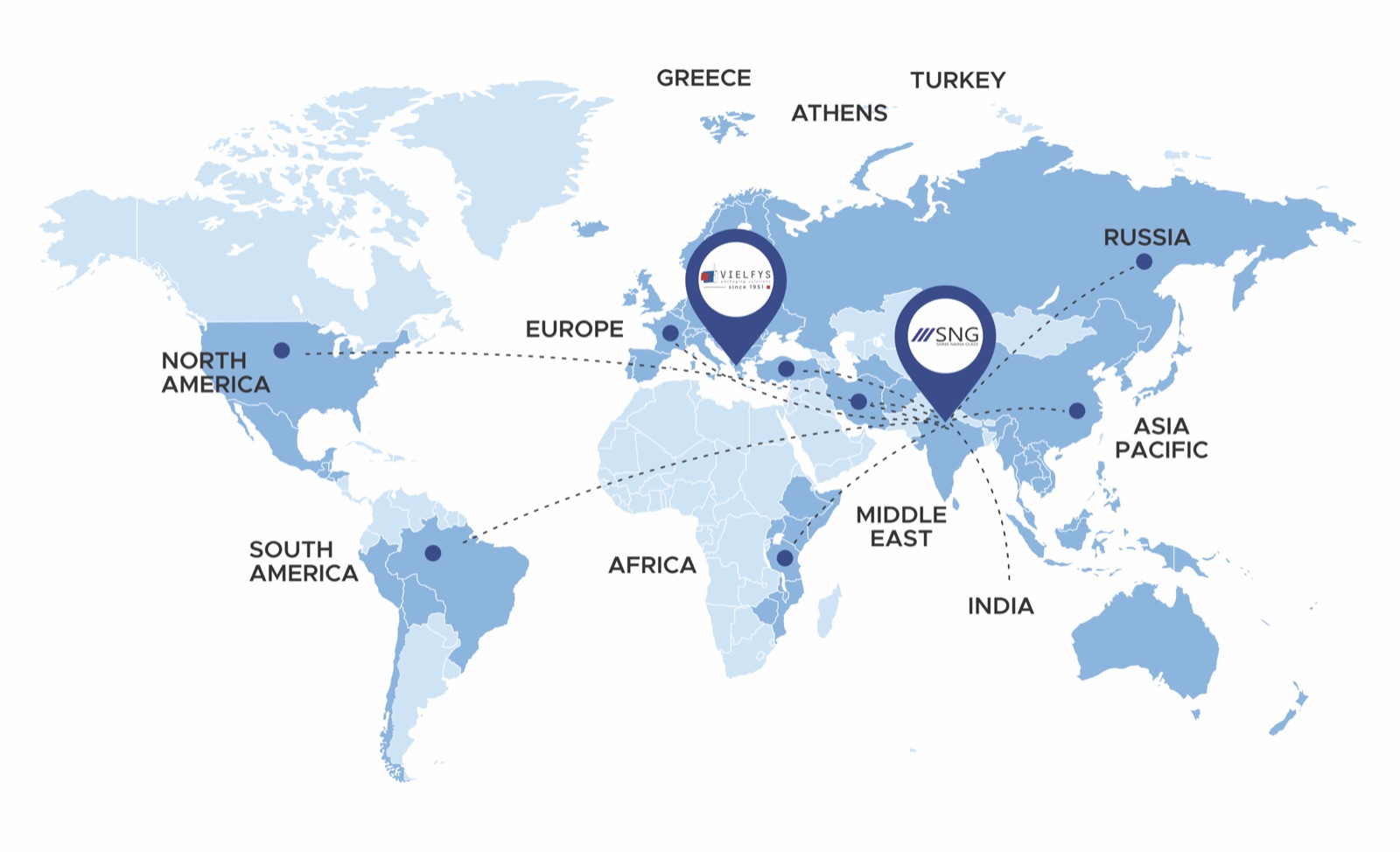 World map with Vielfys in Greece and Shree Naina Glass Inc. in India